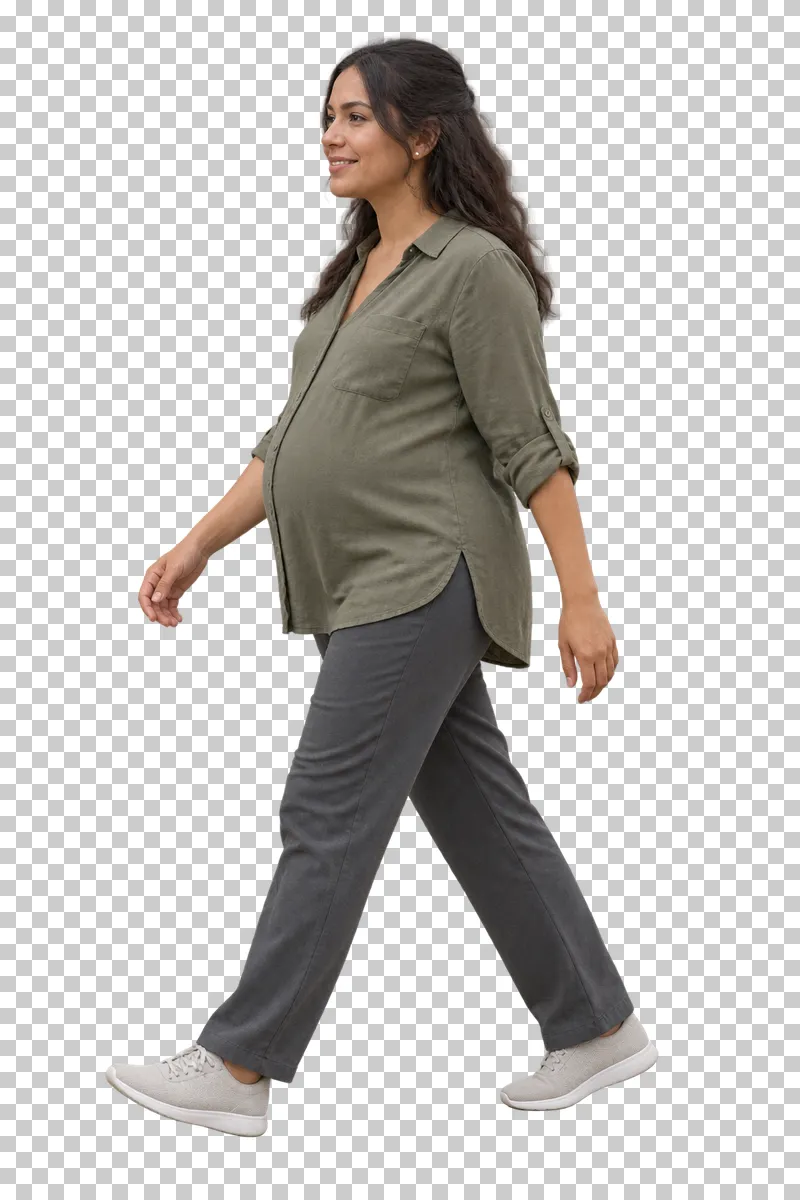 A pregnant woman strolling in casual clothing.