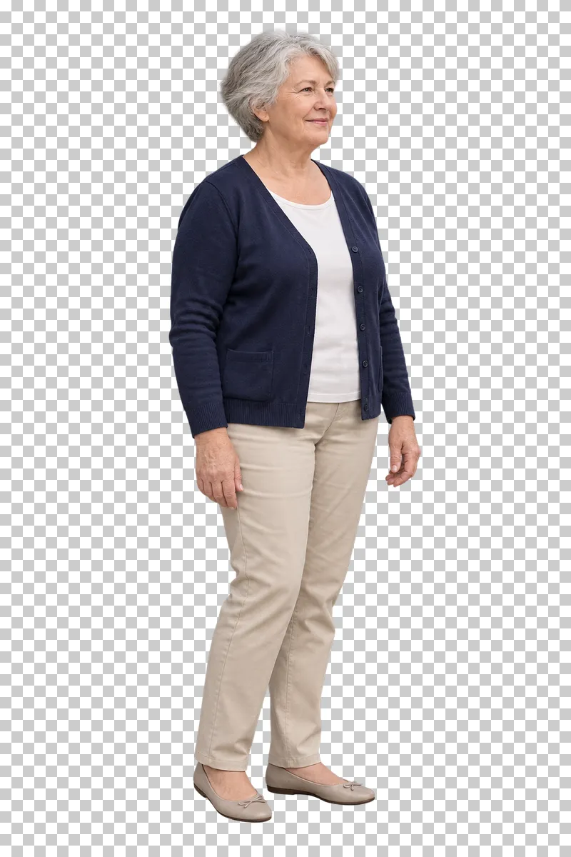 A woman standing and waiting in everyday clothing.