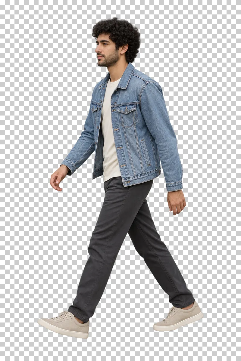 A man walking in a denim jacket.