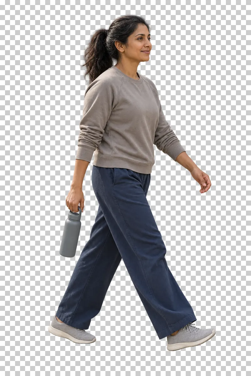 A woman walking with a water bottle.