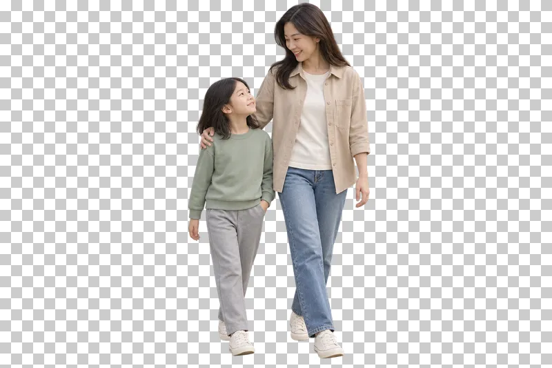 A mother in a beige overshirt walking beside her daughter in a sage sweatshirt, with a hand resting on the child’s shoulder.