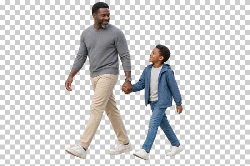 A father in a gray sweater walking hand in hand with his child in a blue jacket.
