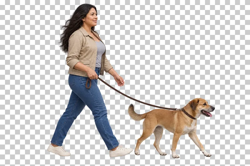 A woman in a beige jacket and jeans walking a tan dog on a brown leash.