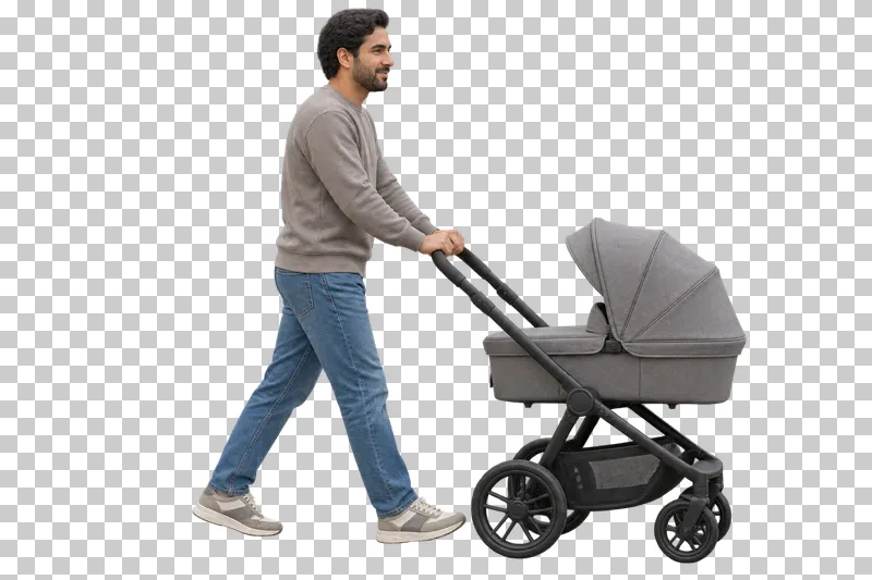 A father in a gray sweater and jeans pushing a gray stroller.