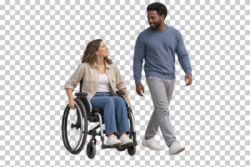 A woman using a manual wheelchair alongside a walking companion.