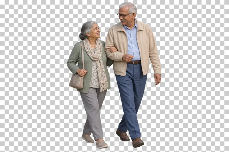 A senior couple walking arm in arm in muted casual clothing.