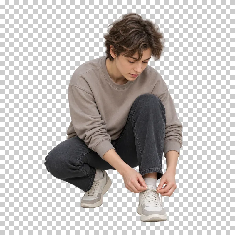 A young adult in a taupe sweatshirt crouching to tie a shoelace.