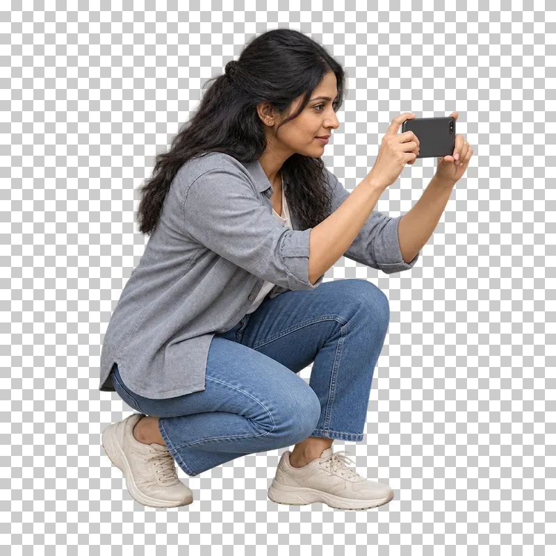 A woman in a gray shirt and jeans crouching to take a photograph with her phone.