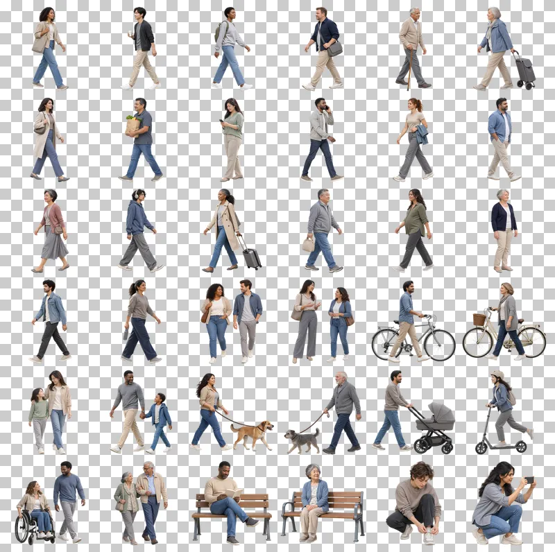 Archviz Pedestrians PNG Collection: all 36 elements in one grid