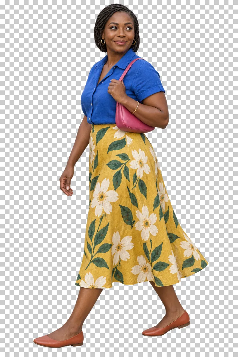 A woman in a cobalt shirt and mustard floral skirt turning as she walks with a fuchsia shoulder bag.
