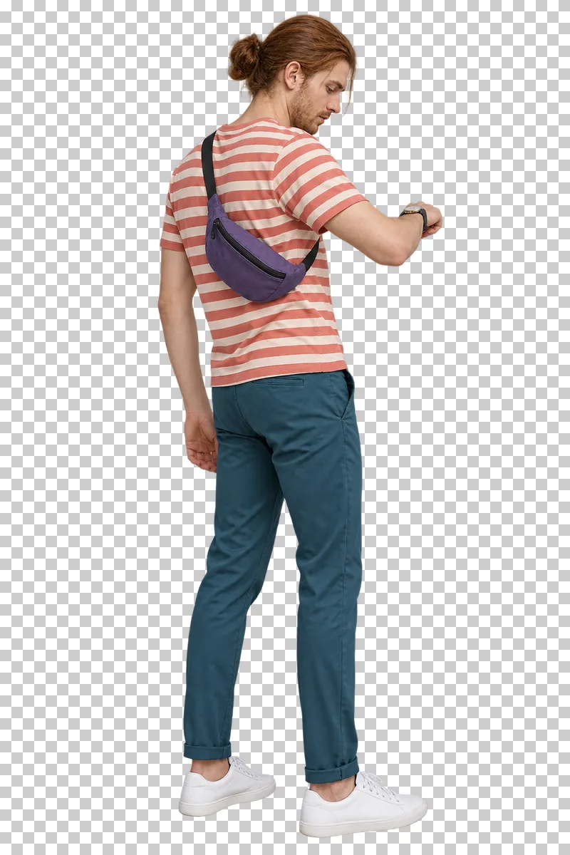 A man in a coral striped T-shirt and petrol trousers checking his watch in a rear three-quarter view.