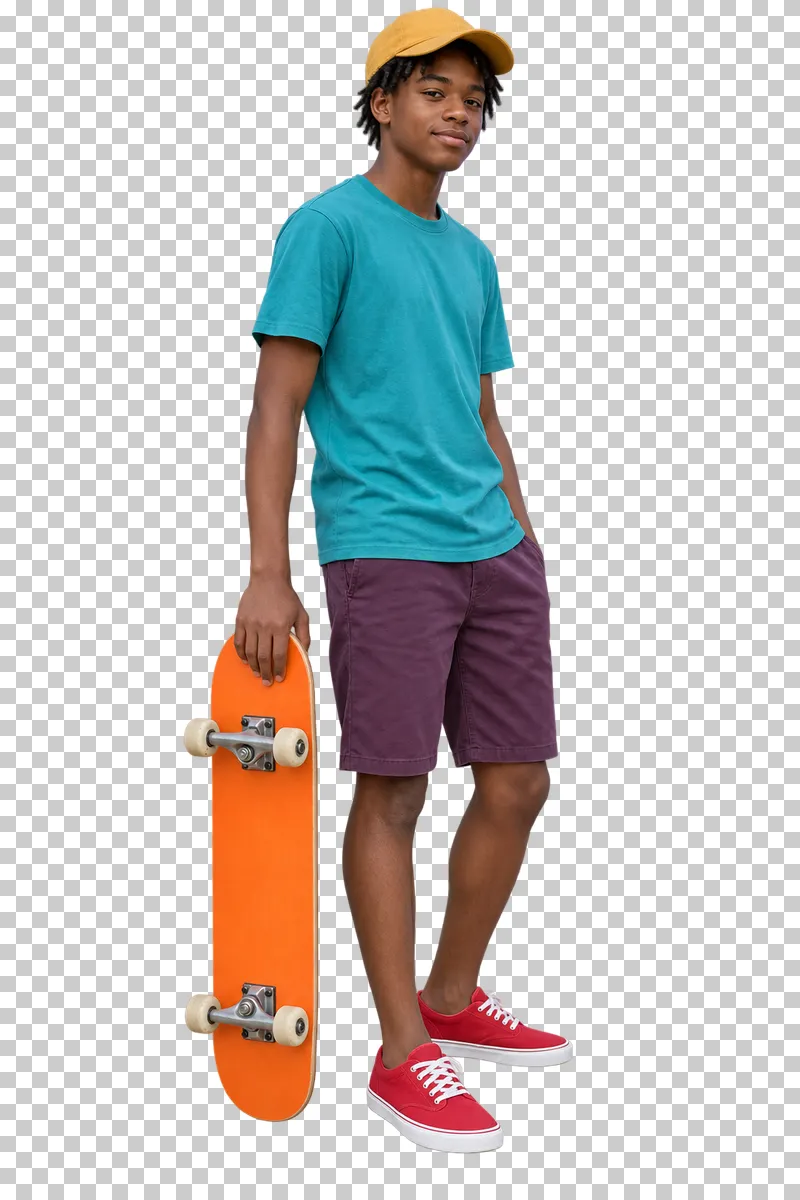 A teenager in a turquoise T-shirt, plum shorts and mustard cap holding an orange skateboard beside his leg.