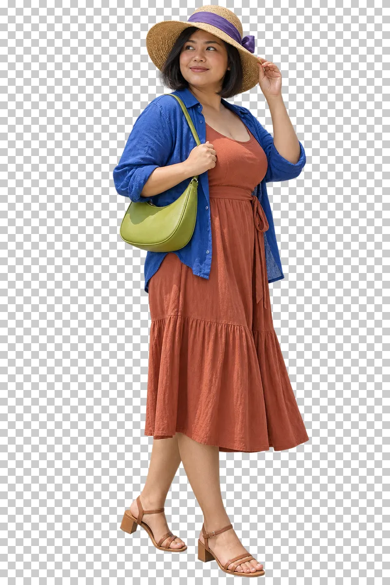 A woman in a terracotta dress and open cobalt shirt adjusting a straw hat while carrying a lime-green bag.