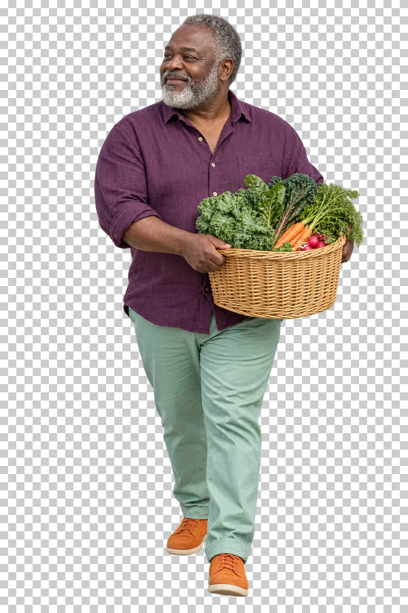 A man in an aubergine shirt and mint trousers carrying a wicker basket of vegetables.