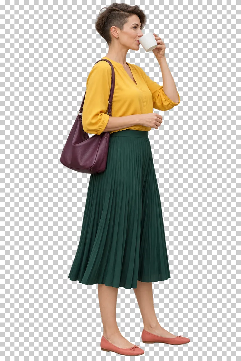A woman in a sunflower blouse and green pleated skirt sipping coffee with a plum bag on her shoulder.
