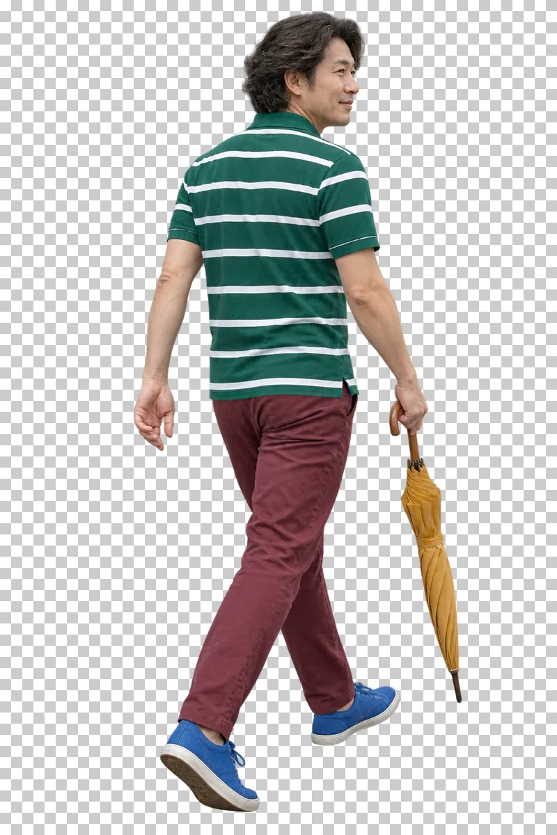 A man in an emerald striped polo and burgundy trousers carrying a folded mustard umbrella.