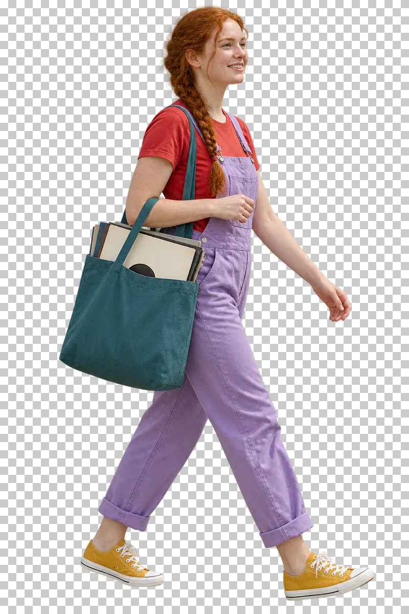 A woman in a red T-shirt and lilac dungarees carrying a teal tote filled with records.