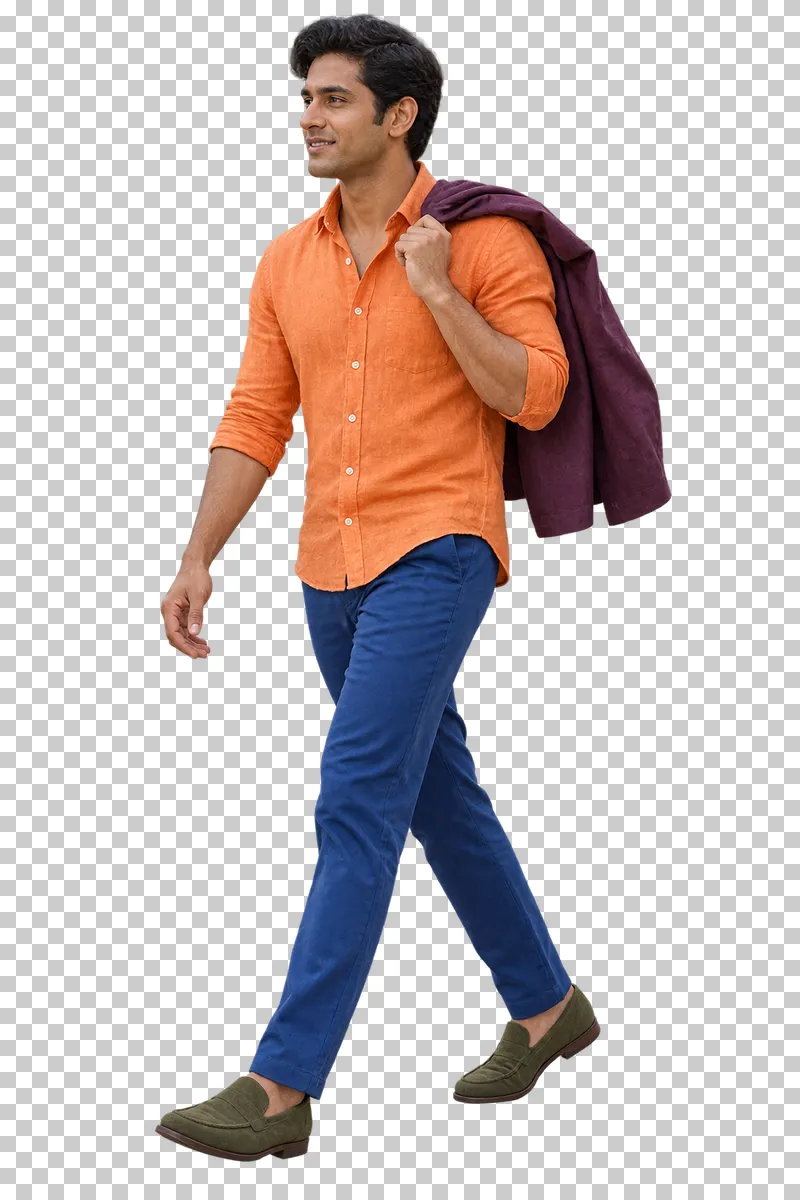 A man in an orange shirt and cobalt trousers carrying a plum jacket over his shoulder.