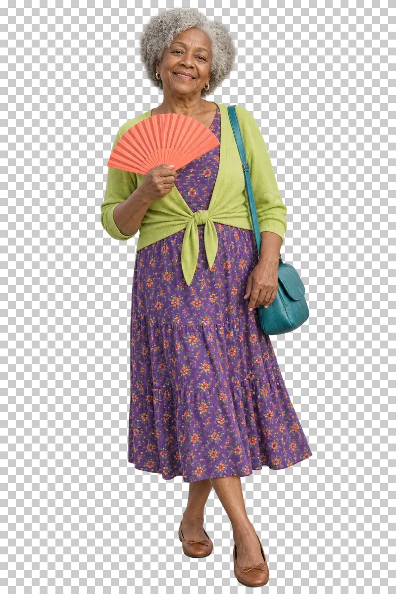 A woman in a violet floral dress holding a coral folding fan, with a lime cardigan tied at her waist.