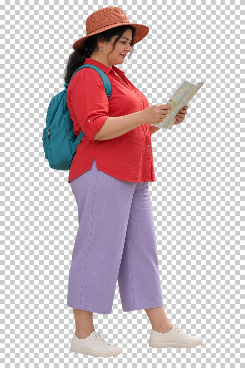 A woman in a red shirt, lavender culottes and a terracotta hat reading a folded map.
