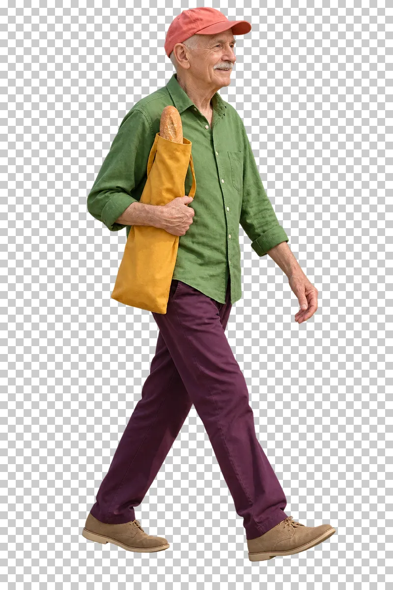 A man in a green shirt and aubergine trousers carrying a baguette in a saffron fabric bag.