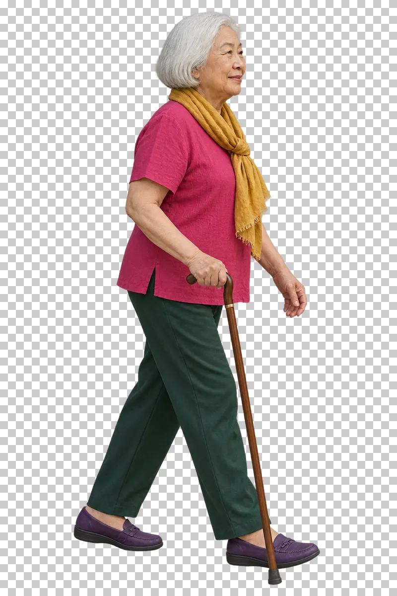 A senior woman in a raspberry blouse, green trousers and ochre scarf walking with a brown cane.
