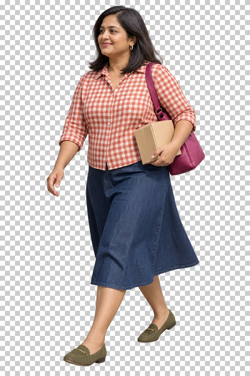 A woman in a paprika checked blouse and indigo skirt carrying a small parcel and a fuchsia bag.