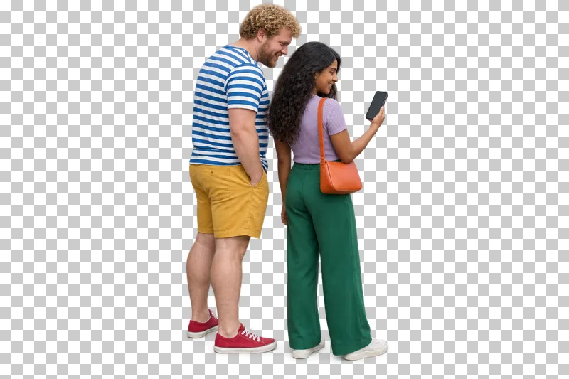 Two friends viewed from behind looking at a phone, wearing cobalt stripes, mustard shorts, a lilac top and emerald trousers.