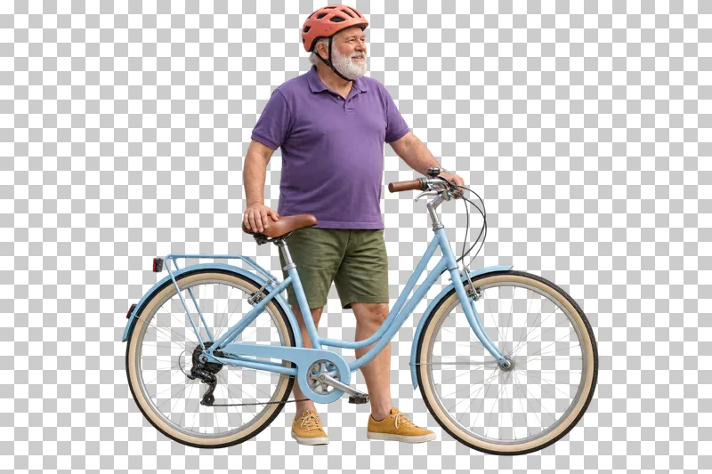 A white-bearded man in a violet polo, green shorts and coral helmet waiting beside a pale-blue bicycle.