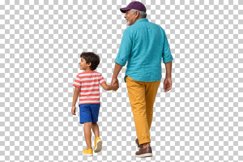 A grandfather in a turquoise shirt and saffron trousers walking hand in hand with a child in a coral striped top.