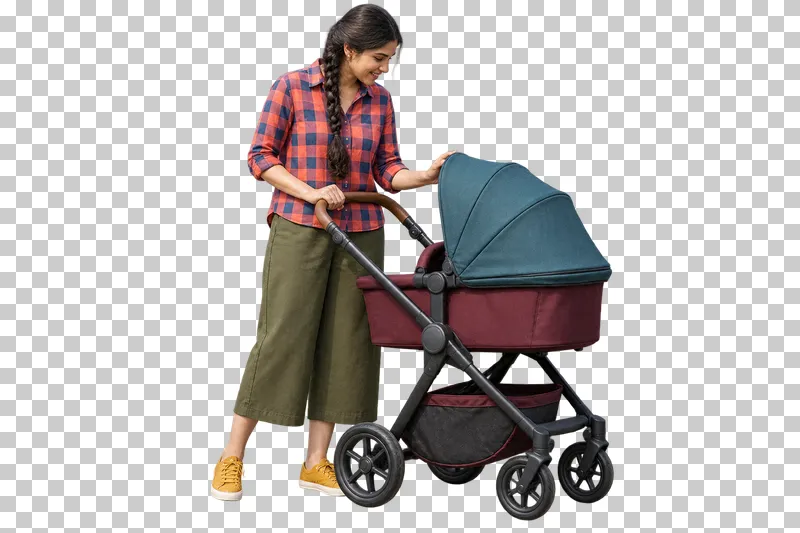 A woman in a coral and navy checked shirt pausing beside a burgundy stroller with a petrol-blue canopy.