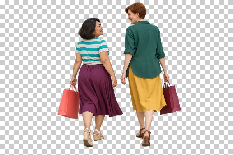 Two women walking with shopping bags, one in turquoise stripes and a plum skirt, the other in a green overshirt and mustard dress.