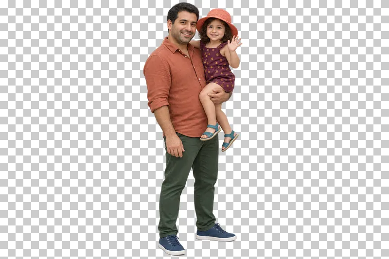 A father in a terracotta shirt and green trousers carrying a waving child in a plum romper, coral hat and teal sandals.