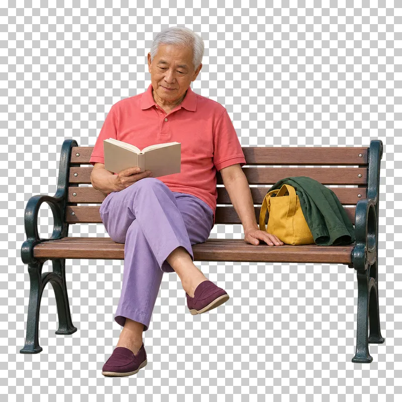 A senior man in a coral polo and lavender trousers reading on a bench beside a yellow bag and folded green jacket.