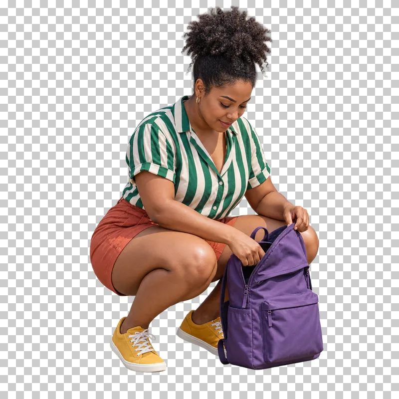 A woman in an emerald striped blouse and terracotta shorts crouching to open a violet backpack.