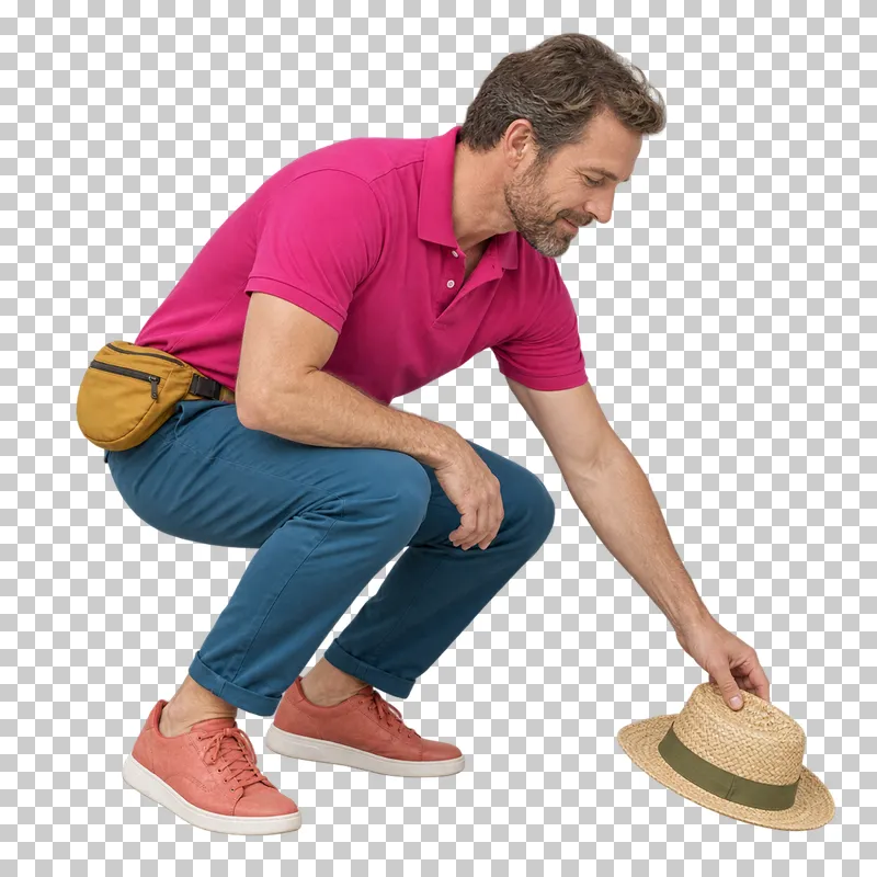 A man in a fuchsia polo and petrol-blue trousers crouching to pick up a straw hat.