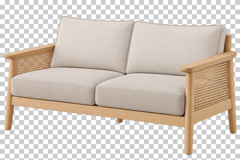 A two-seater sofa with a light oak frame, beige linen cushions and woven cane panels on both sides.
