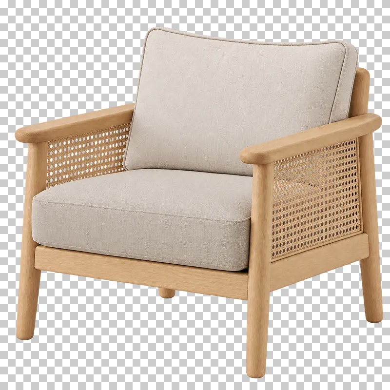 A light oak lounge armchair with beige linen upholstery and matching woven cane side panels.