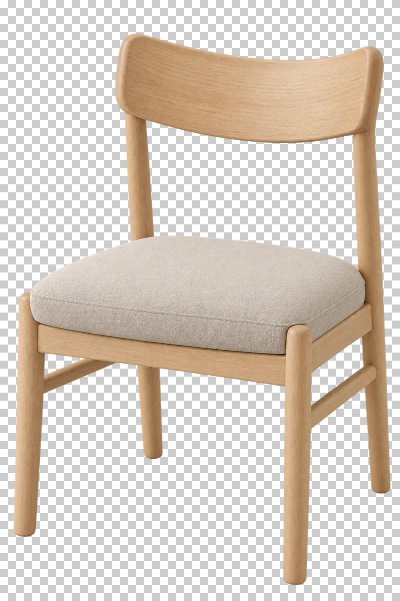 A dining chair with a curved oak backrest, a beige linen seat and four wooden legs.
