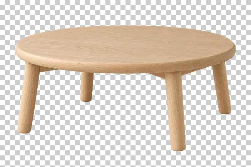 A low round oak coffee table with a softly rounded top and four tapered wooden legs.