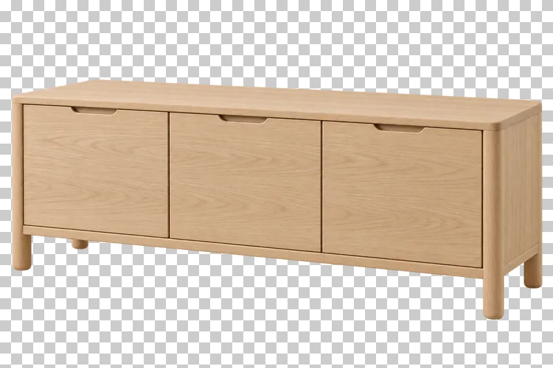 A low oak sideboard with three closed doors, recessed finger pulls and short wooden legs.
