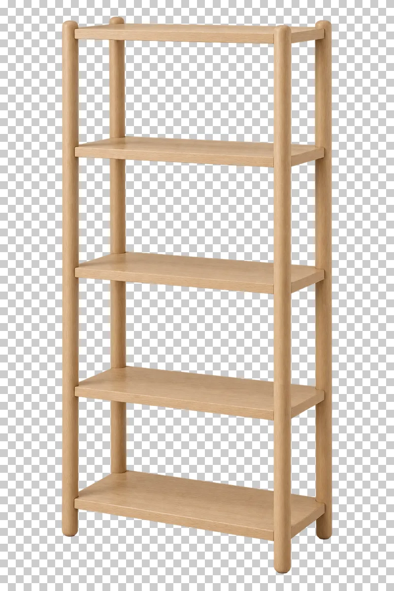 An open oak bookcase with five empty shelves, four vertical posts and no back panel.