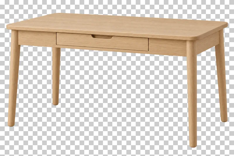 A light oak writing desk with a single shallow drawer, a rounded rectangular top and four legs.