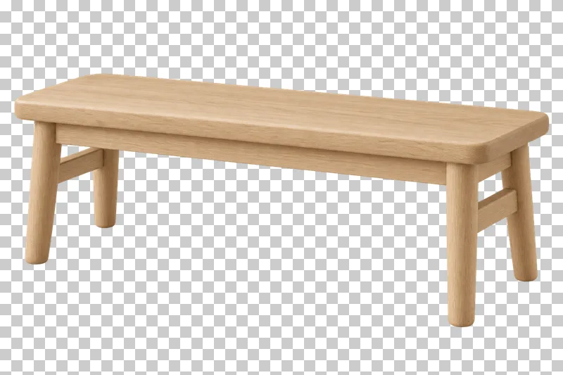 A wooden bench with a plain oak seat, four legs and connecting support rails.