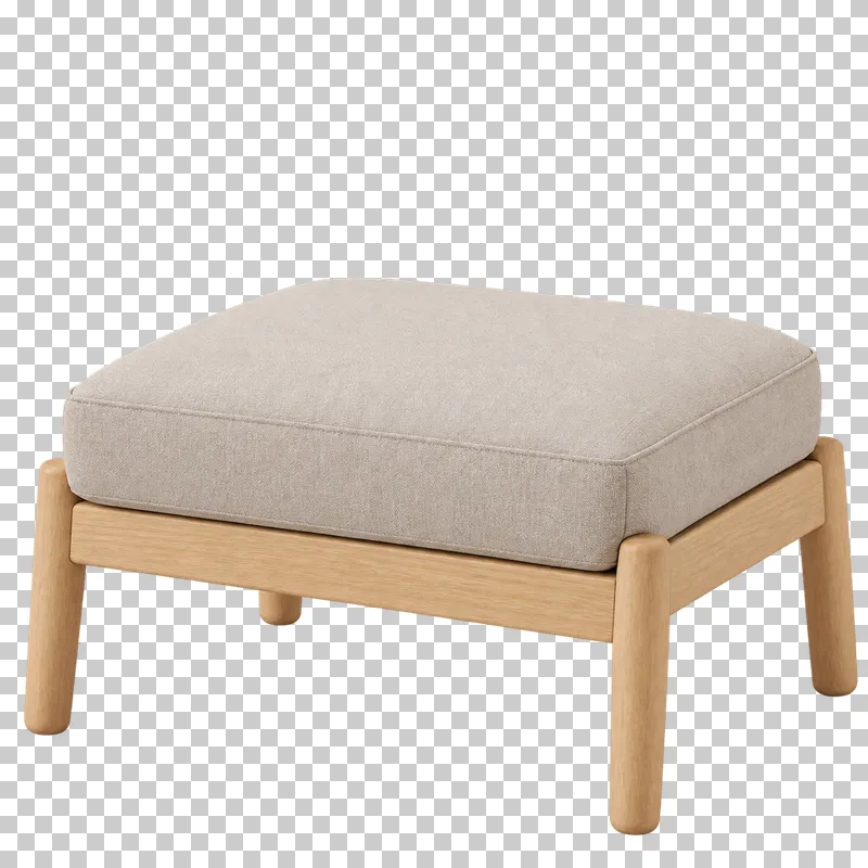 A rectangular footstool with a beige linen cushion on a low oak frame with four legs.