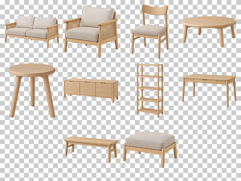 Japandi Furniture PNG Collection: all 10 elements in one grid