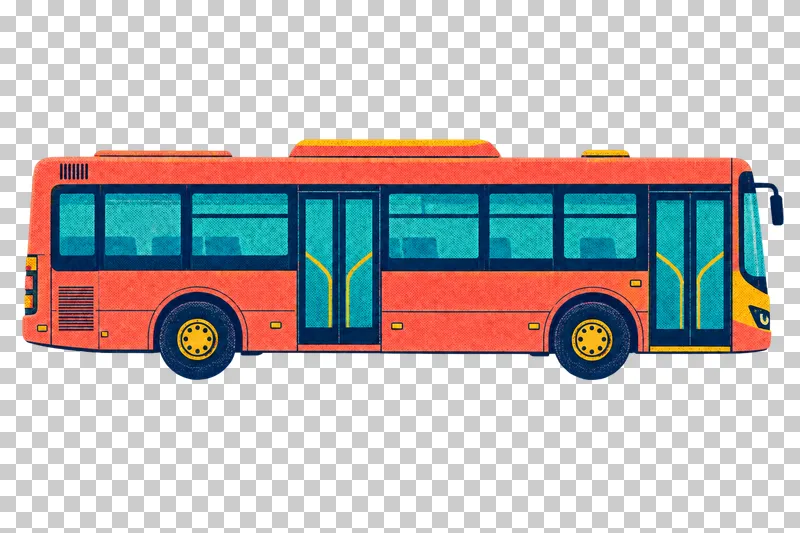 A coral city bus facing right, with turquoise windows, mustard details and navy wheels in a halftone print style.