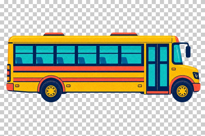 A mustard school bus facing right, with coral stripes, turquoise windows and two navy wheels.