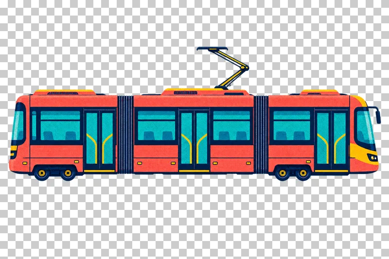 A coral articulated tram facing right, with turquoise windows, four small wheels and a raised pantograph.