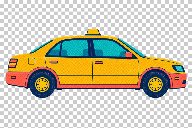 A mustard taxi facing right, with a blank roof light, coral trim and turquoise windows.